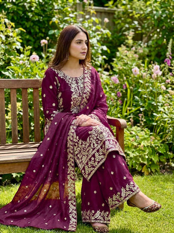 Elegant Maroon Jim Silk Heavy Embroidery Sharara Suit