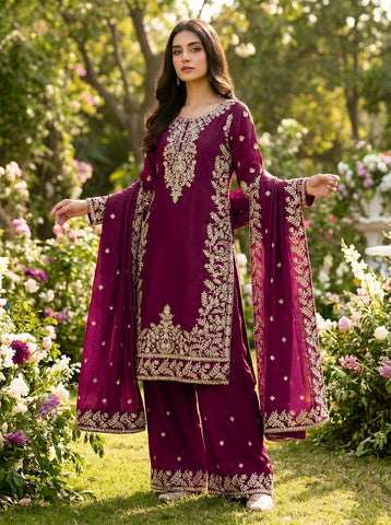 Elegant Maroon Jim Silk Heavy Embroidery Sharara Suit