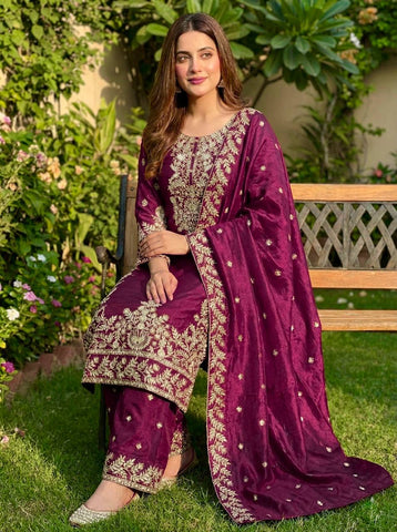 Elegant Maroon Jim Silk Heavy Embroidery Sharara Suit