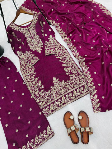 Elegant Maroon Jim Silk Heavy Embroidery Sharara Suit