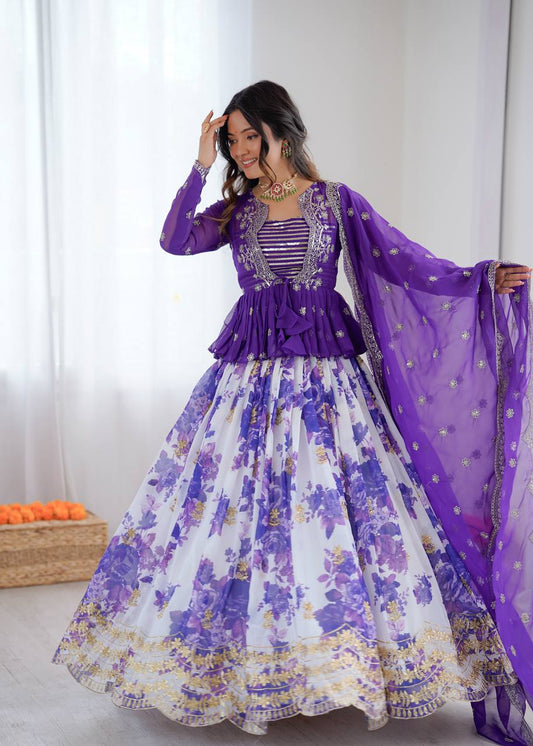 Elegant Purple Faux Georgette Digital Print Lehenga Choli