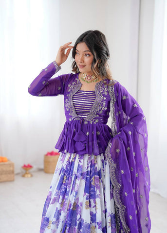 Elegant Purple Faux Georgette Digital Print Lehenga Choli