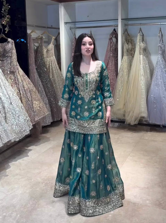 Adorable Green Embroidery Work Sharara Suit