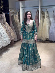 Adorable Green Embroidery Work Sharara Suit