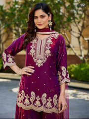 Flattering Maroon Color Embroidery Work Sharara Suit