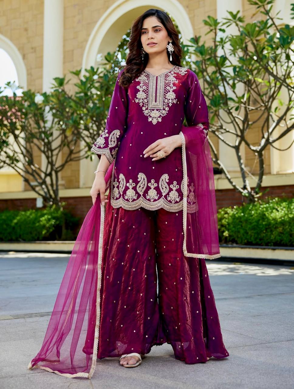 Flattering Maroon Color Embroidery Work Sharara Suit