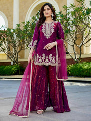 Flattering Maroon Color Embroidery Work Sharara Suit