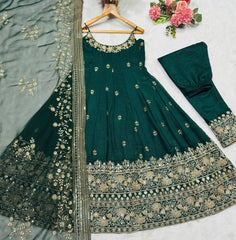 Exclusive Green Vichitra Silk Embroidered Sharara Suit