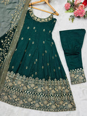 Exclusive Green Vichitra Silk Embroidered Sharara Suit