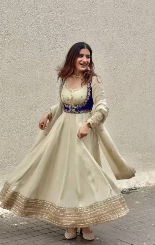 Elegant Cream Heavy Chinon Silk Embroidery Work Gown