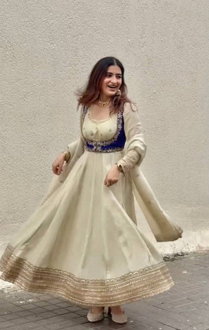Elegant Cream Heavy Chinon Silk Embroidery Work Gown