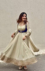 Elegant Cream Heavy Chinon Silk Embroidery Work Gown