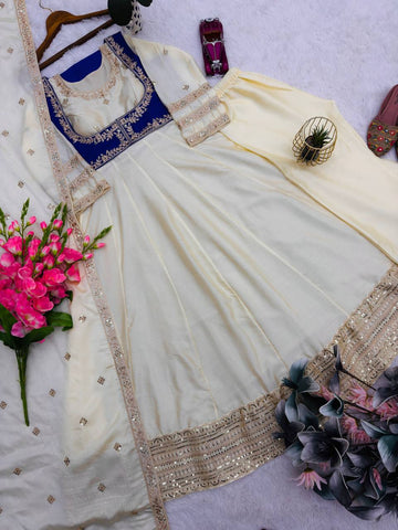 Elegant Cream Heavy Chinon Silk Embroidery Work Gown