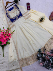 Elegant Cream Heavy Chinon Silk Embroidery Work Gown