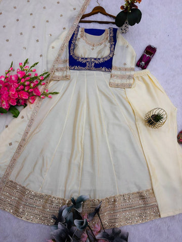 Elegant Cream Heavy Chinon Silk Embroidery Work Gown