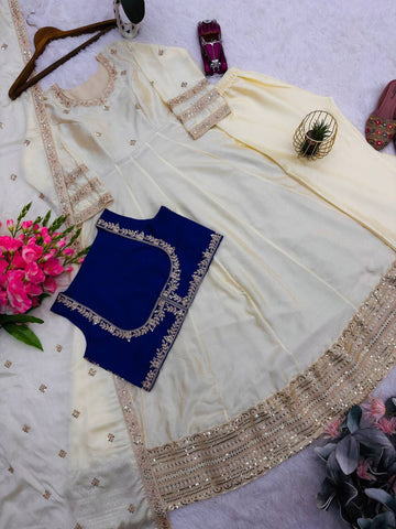 Elegant Cream Heavy Chinon Silk Embroidery Work Gown