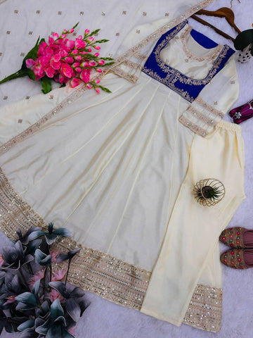 Elegant Cream Heavy Chinon Silk Embroidery Work Gown