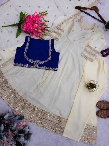 Elegant Cream Heavy Chinon Silk Embroidery Work Gown