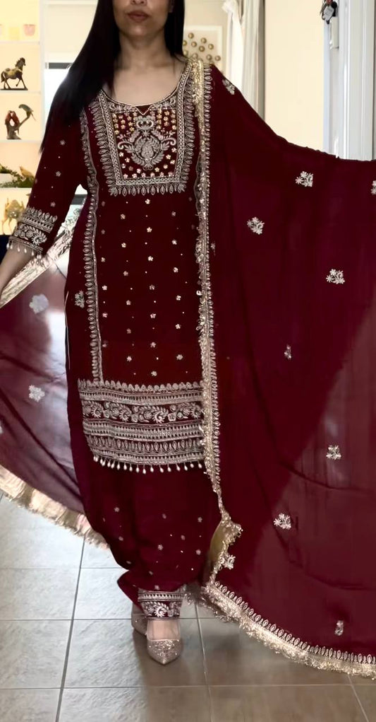 Exclusive Maroon Crep Silk Embroidered Panjabi Suit