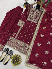 Exclusive Maroon Crep Silk Embroidered Panjabi Suit
