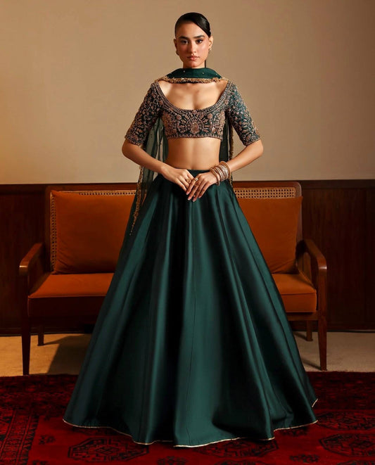 Elegant Green Malai Satin with Zari Work Lehenga