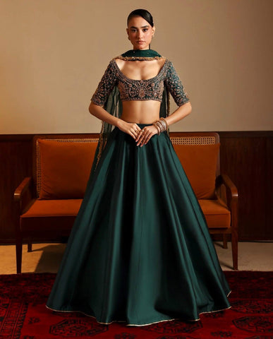 Elegant Green Malai Satin with Zari Work Lehenga