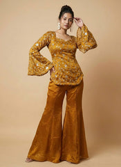 Delightful Orange Embroidery Sequence Work Palazzo Suit