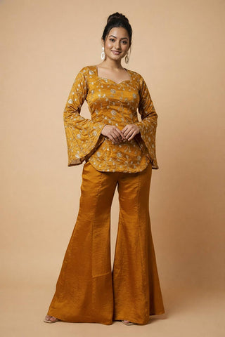 Delightful Orange Embroidery Sequence Work Palazzo Suit
