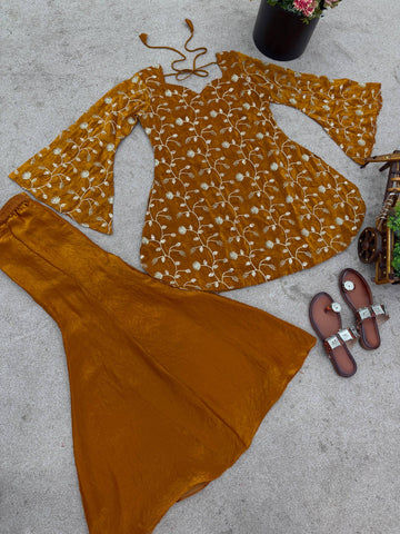 Delightful Orange Embroidery Sequence Work Palazzo Suit