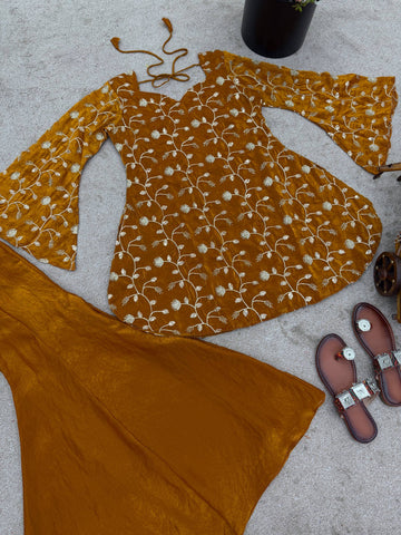 Delightful Orange Embroidery Sequence Work Palazzo Suit