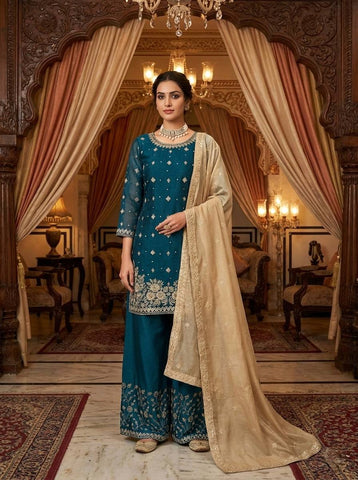 Charming Teal Blue Heavy GMY Silk Thread & Pearl Work Palazzo Suit