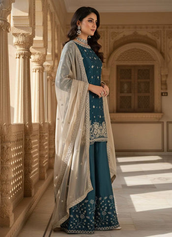 Charming Teal Blue Heavy GMY Silk Thread & Pearl Work Palazzo Suit