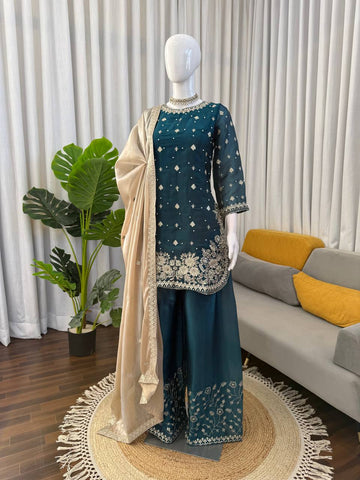 Charming Teal Blue Heavy GMY Silk Thread & Pearl Work Palazzo Suit
