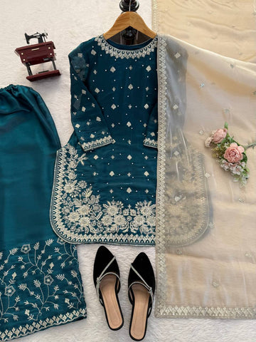 Charming Teal Blue Heavy GMY Silk Thread & Pearl Work Palazzo Suit