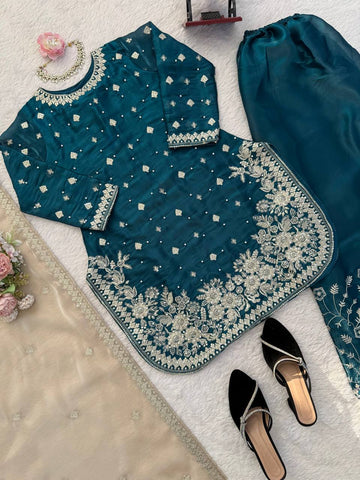 Charming Teal Blue Heavy GMY Silk Thread & Pearl Work Palazzo Suit