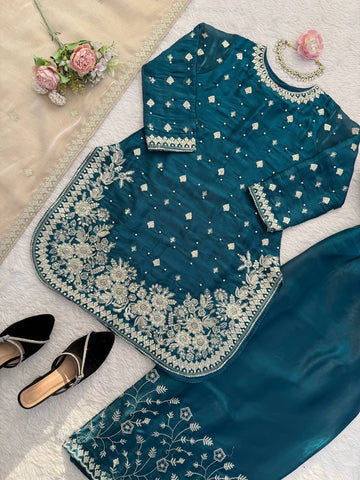 Charming Teal Blue Heavy GMY Silk Thread & Pearl Work Palazzo Suit