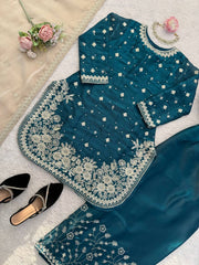 Charming Teal Blue Heavy GMY Silk Thread & Pearl Work Palazzo Suit