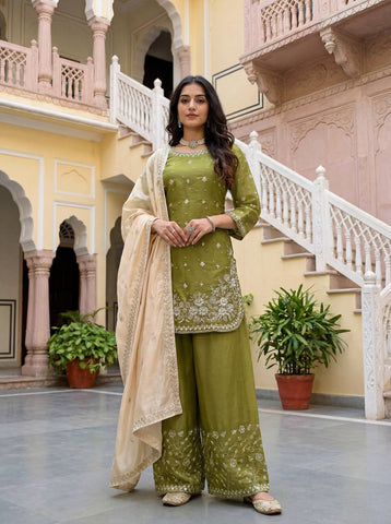 Charming Teal Blue Heavy GMY Silk Thread & Pearl Work Palazzo Suit