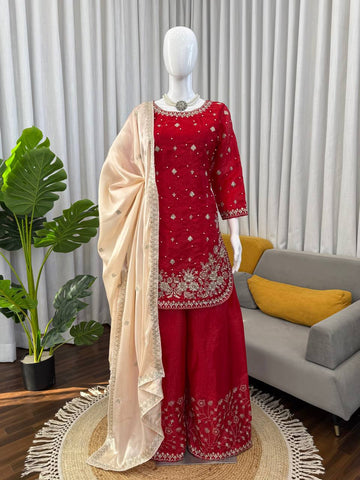 Charming Teal Blue Heavy GMY Silk Thread & Pearl Work Palazzo Suit