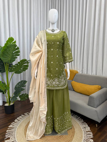 Charming Teal Blue Heavy GMY Silk Thread & Pearl Work Palazzo Suit