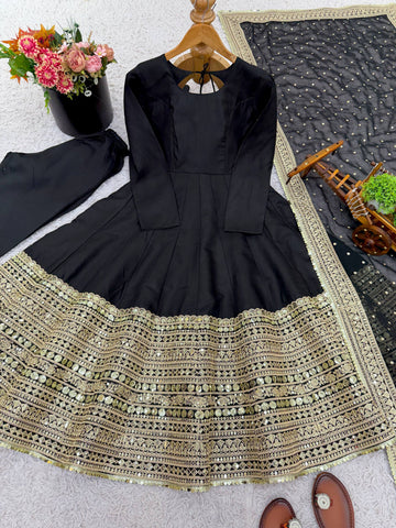 Demanding Roman Silk Embroidered Anarkali Gown