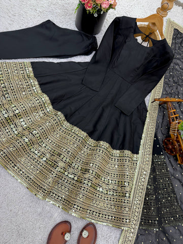 Demanding Roman Silk Embroidered Anarkali Gown