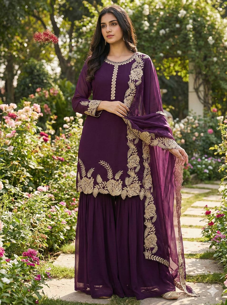 Stylish Purple Faux Georgette Embroidery Work Palazzo Suit