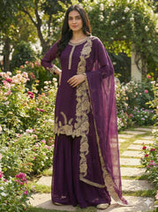 Stylish Purple Faux Georgette Embroidery Work Palazzo Suit