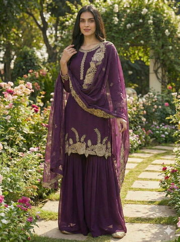 Stylish Purple Faux Georgette Embroidery Work Palazzo Suit
