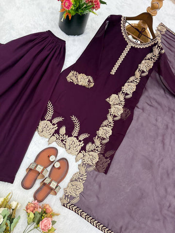 Stylish Purple Faux Georgette Embroidery Work Palazzo Suit