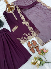 Stylish Purple Faux Georgette Embroidery Work Palazzo Suit