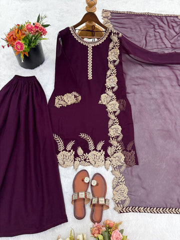 Stylish Purple Faux Georgette Embroidery Work Palazzo Suit