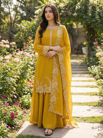 Stylish Purple Faux Georgette Embroidery Work Palazzo Suit