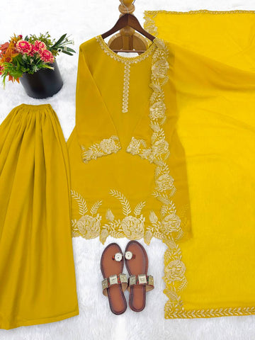 Stylish Purple Faux Georgette Embroidery Work Palazzo Suit